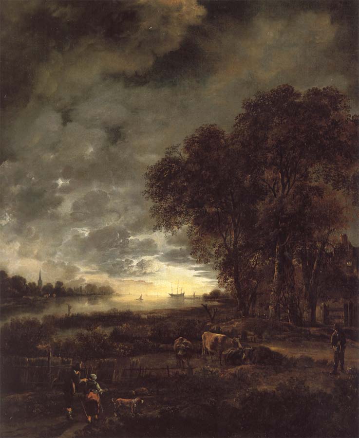 Aert van der Neer A Landscape with a River at Evening